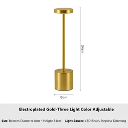 Sleek USB Rechargeable LED Touch Table Lamp - Adjustable Color Night Light (Gold)