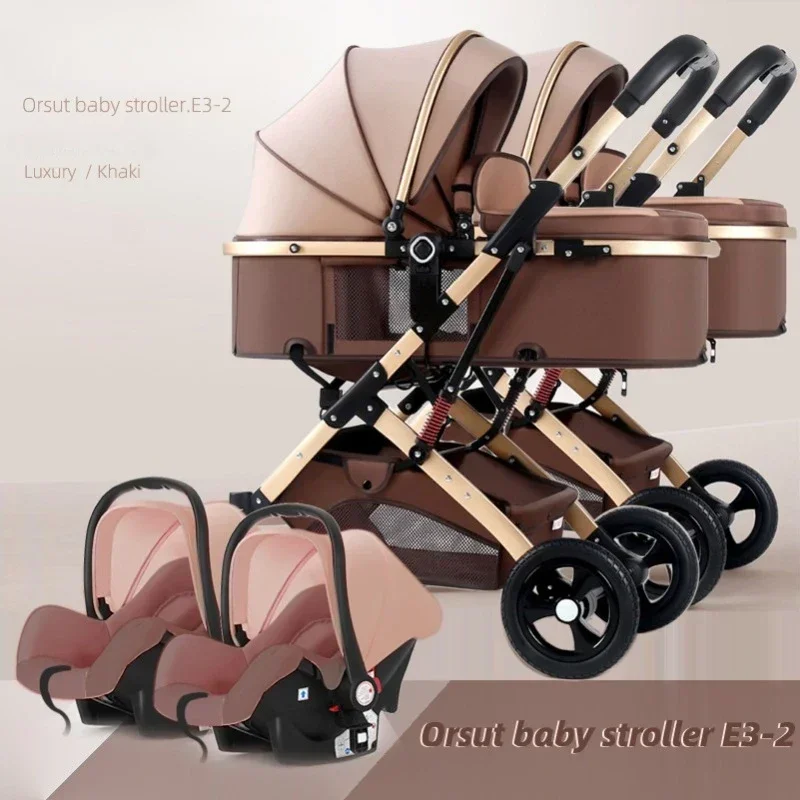 2025 New 3-in-1 Twin Baby Stroller with Car Seat, Portable Foldable High View Newborn Baby Stroller Can Sit or Lie