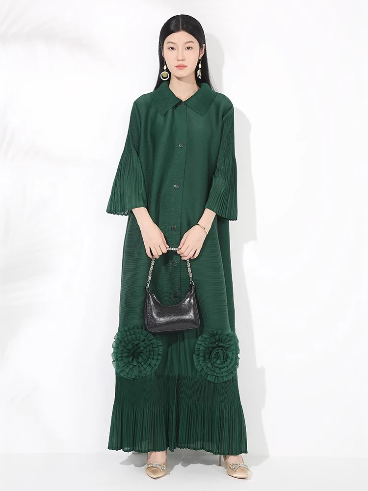 LANMREM Loose Temperament New Women's Dress High-end Chic Lapel Flared Sleeves Floral Long Breasted Cardigan Dresses 2DB3446 - Image 5