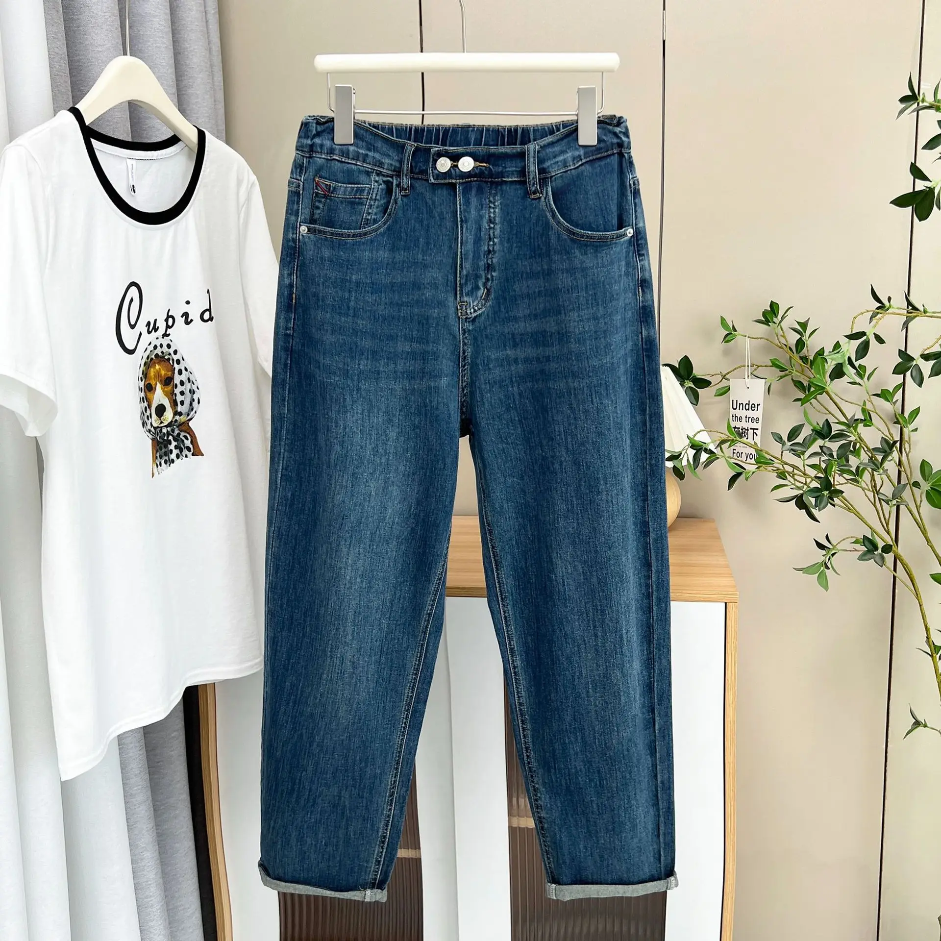 Premium Jeans 100KG Plus Size Women's Simple And Casual Double Button Thin Denim Harem Pants 5339