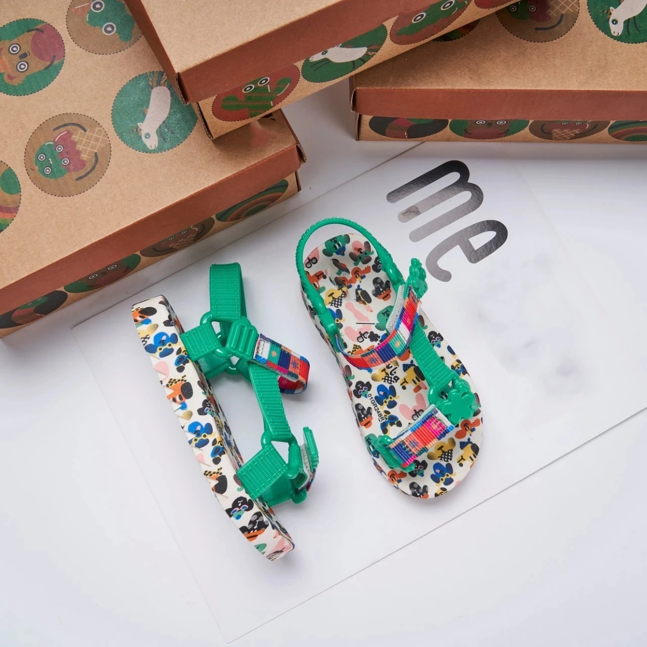 Mini Melissa Summer Children's Sandals Kids Flat Bottom Button Sport Casual Shoes Boys Girls Printed Contrast Roman Beach Shoes 4