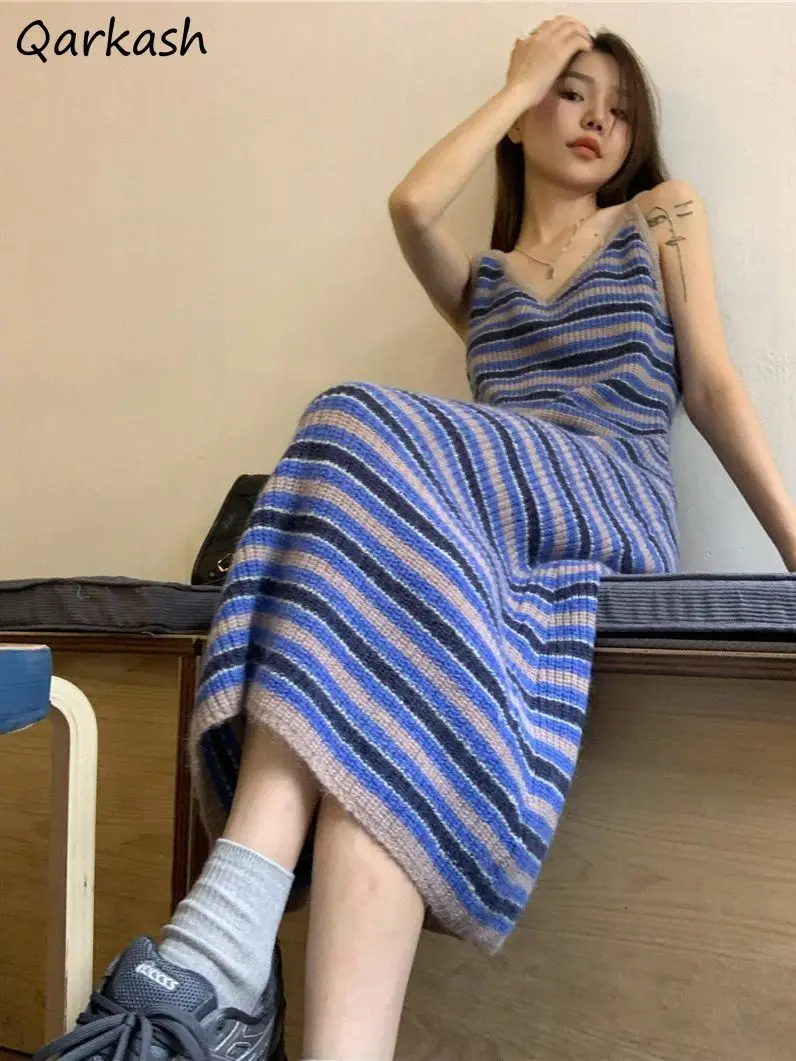

Camisole Dresses Women Striped Knitted Sleeveless A-line Midi Retro Sweet Underlay Spring Autumn Korean Casual All-match Chic