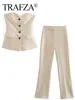 TRAFZA Women Elegant Solid Pant Suit Front Button Strapless Sexy Tank Tops + Side Slit Trouser Female Fashion Streetwear Sets 3