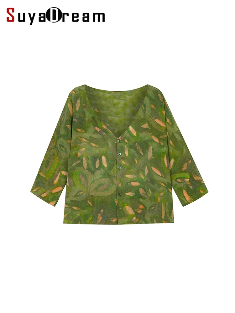 SuyaDream Woman Printed Shirts 100%Silk Crepe De Chine V Neck 3/4 Sleeves Camouflage Blouses 2022 Summer Green Casual Top