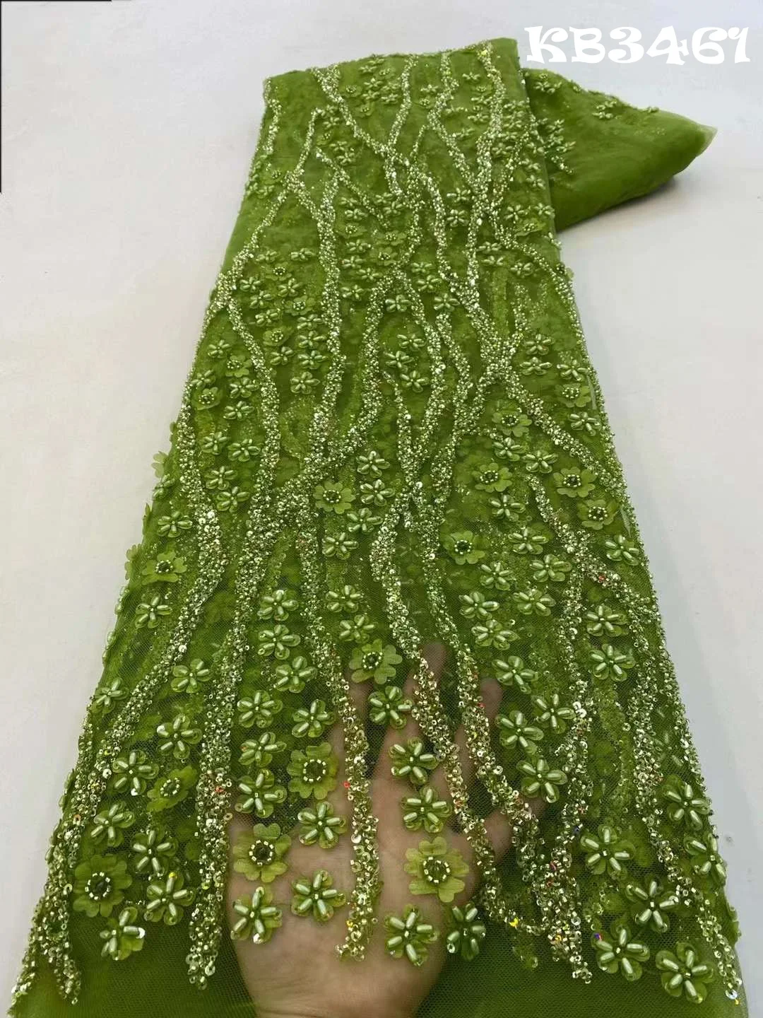 

Olive Green Beads Lace Fabric Tulle Lace Africa Lace Fabric High Quality 2023 Wedding Champagne 3d Flower Lace Fabric For Sewing