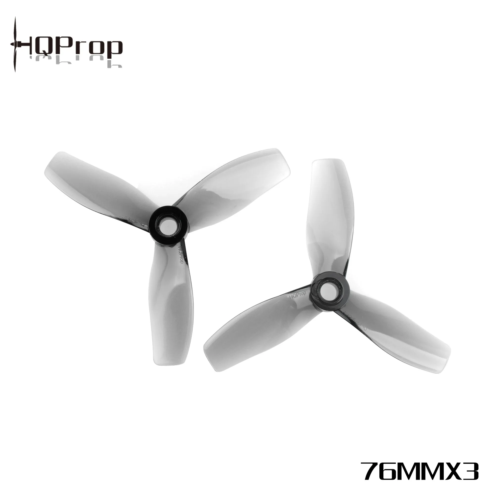 Deux hélices HQProp D76mm X3 Cinewhoop 3 pouces grises, orientation CW et CCW, empilées.