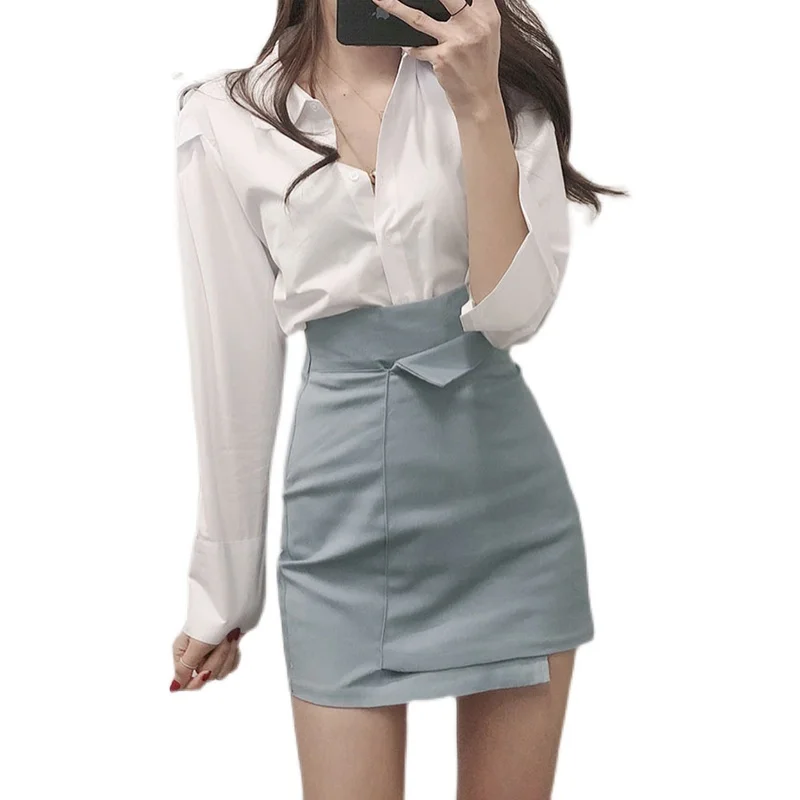 2022 Spring And AutumnProfessionalSuitsSexy White Shirt Blouse Tops Korean Women + Irregular A Word Skirts Two-piece Suit Sets