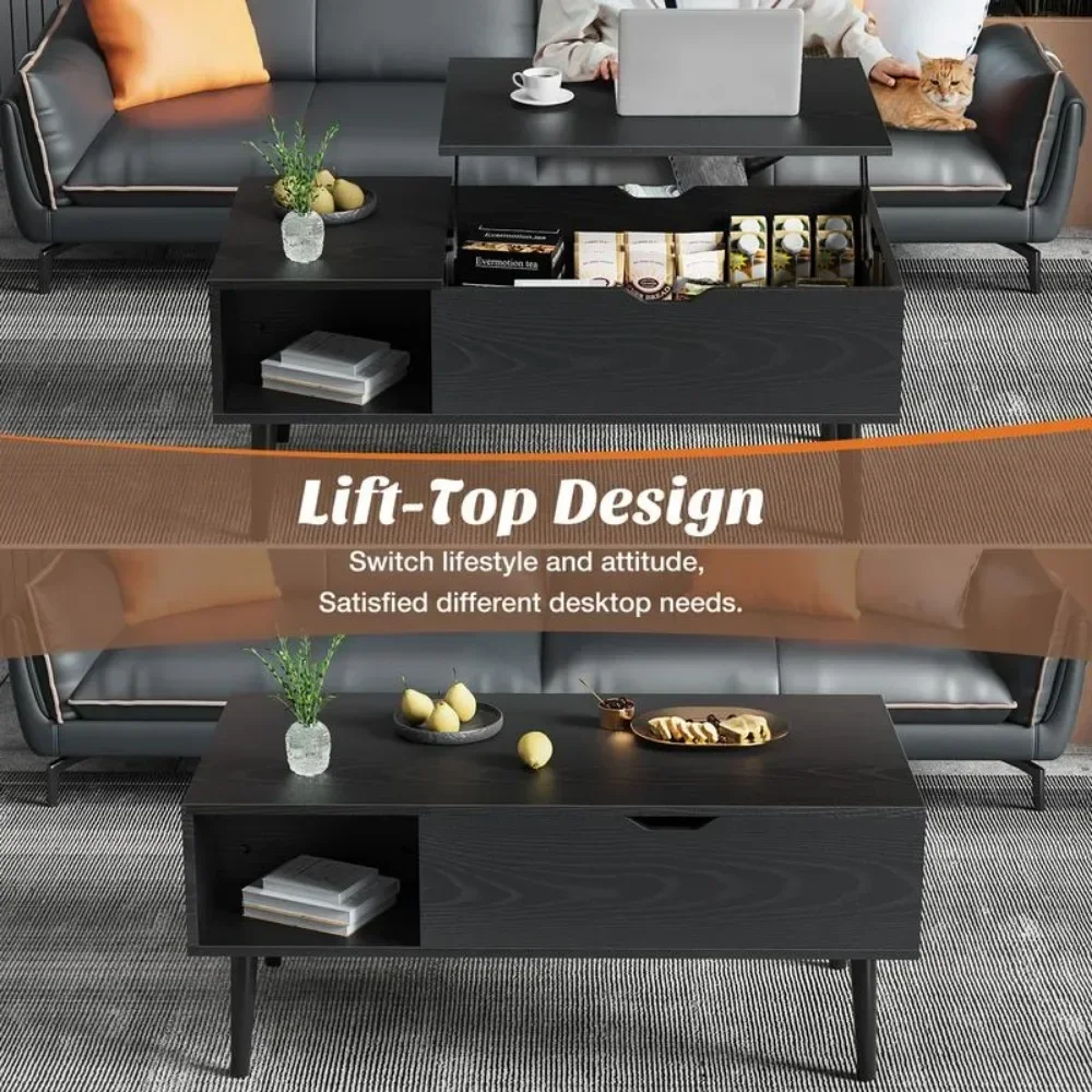 Black Rising Tabletop Wood Dining Center Tables Lift Top Coffee Tables,with Storage Shelf &Hidden Compartment for Living Room