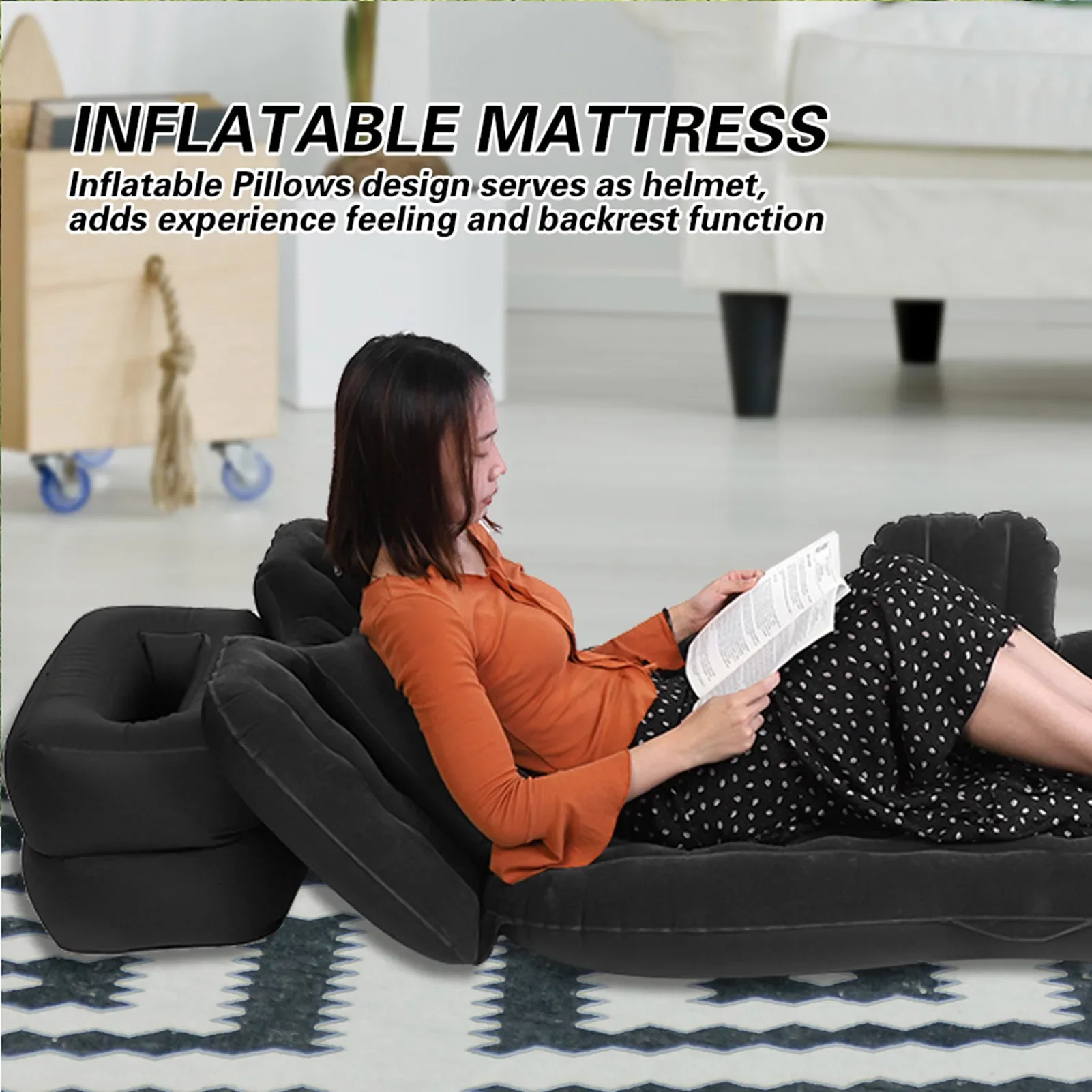 Inflatable Bed Mattress Indoor Outdoor Camping Travel Car Back Seat Air Beds Cushion(Black)