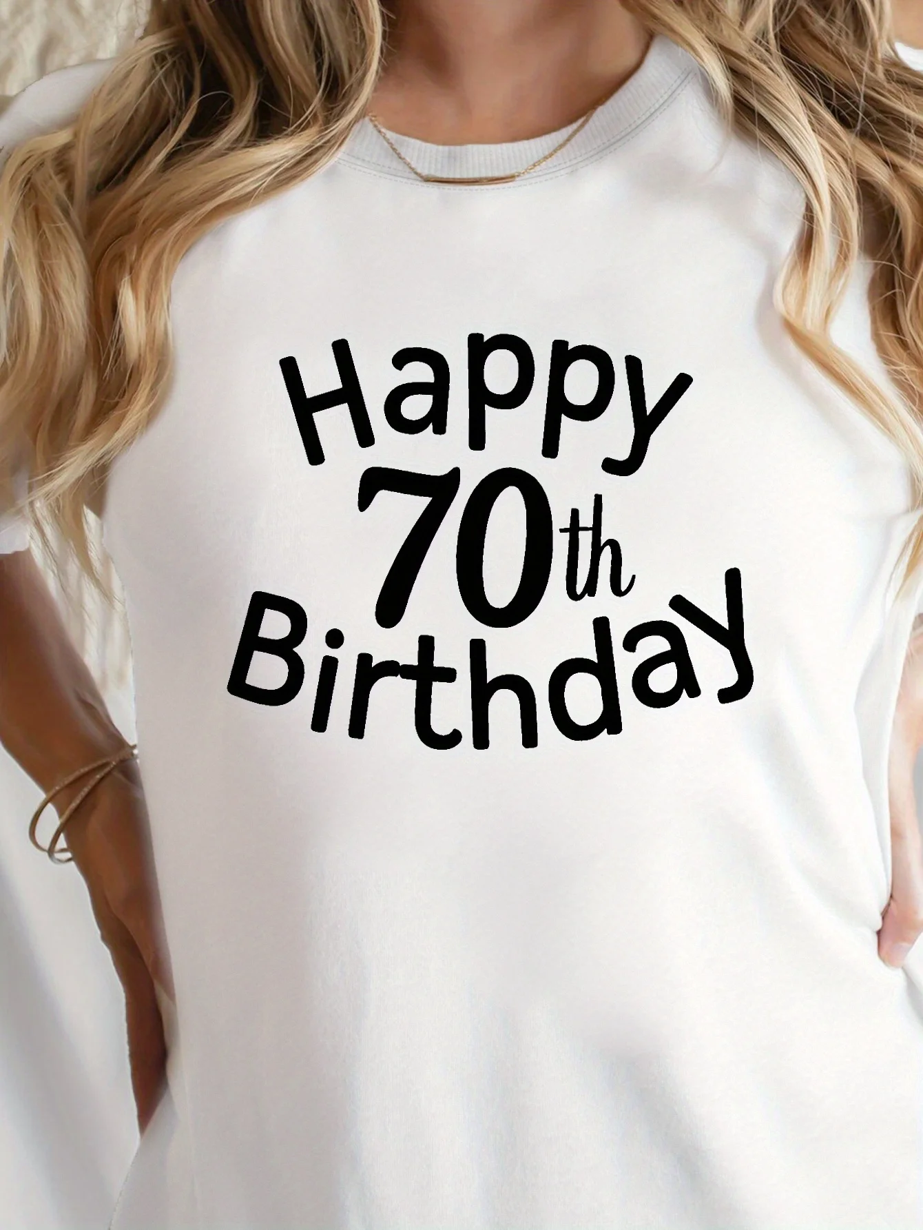 

Happy 70th Birthday Print T-shirt, Casual Crew Neck Short Sleeve Top For Spring & Summer, Women's Clothing t shirt