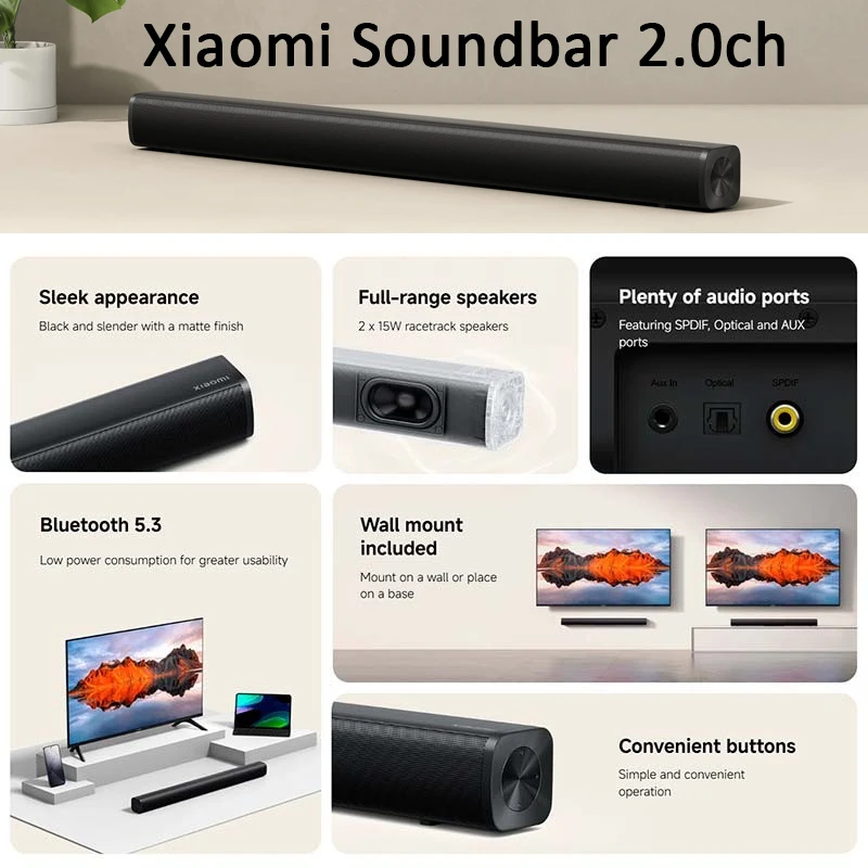 Xiaomi Xiaomi Soundbar 2.0ch Speaker Wireless Bluetooth 5.3 Full-range Speakers Music Playback for PC  TV Wireless Speaker 2