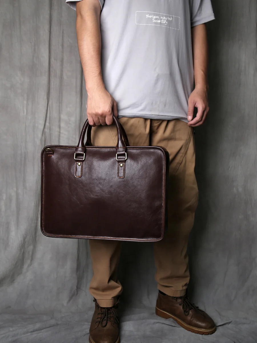 NZPJ Vintage Large Capacity Genuine Leather Men's Briefcase Top-Grain Cowhide Handbag Casual Business Bag  For 16-Inch Laptops