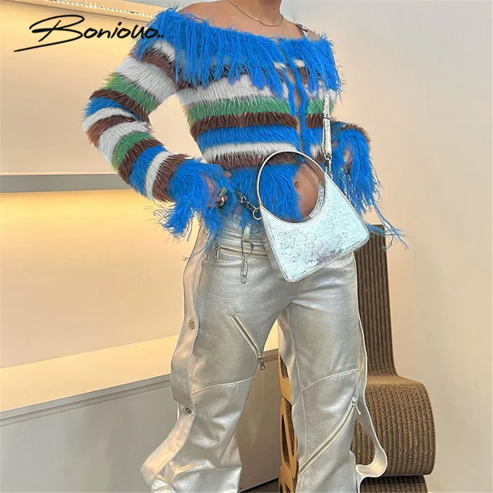 

Boniouo Women Striped Feathers Sweater Autumn Winter Fashion Off Shoulder Long Sleeve Warm Sweaters Pullover Tops Female Outfits