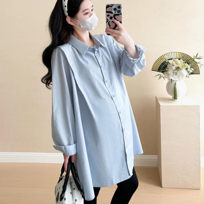 Korean Style Maternity Cotton Shirts Long Sleeve Turn-down Collar Button Fly Pregnant Woman Blouses Plus Size Pregnancy Shirt