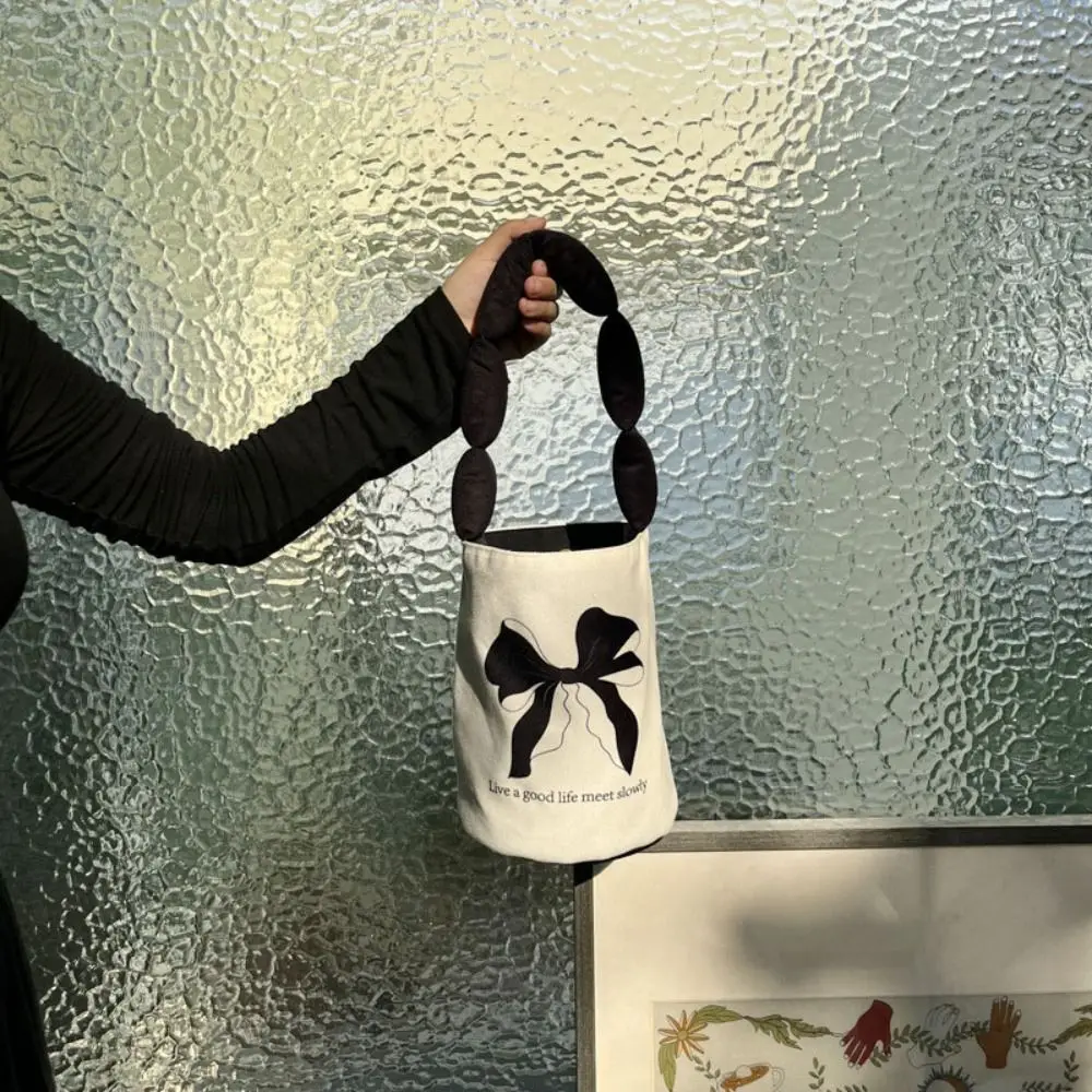 

Canvas Bucket Bag Fashion Bow Printed Large Capacity Tote Bag Portable Lunch Pouch