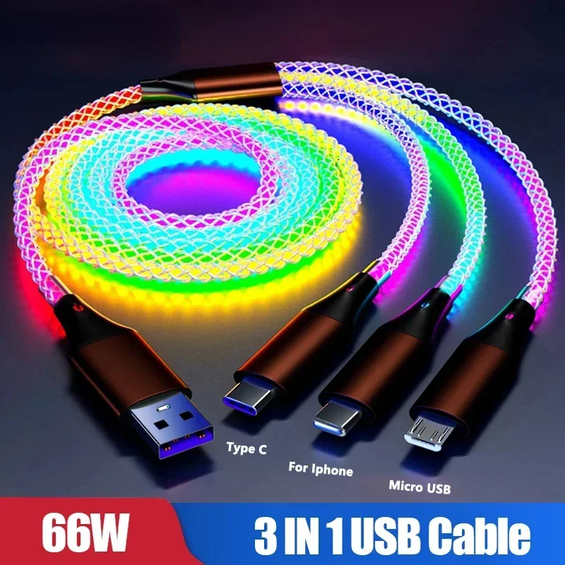 3 in 1 Fast Charging Cable 66W USB Cable Type C Colorful Streamer Glowing Line Phone Accessories for IPhone Xiaomi Huawei