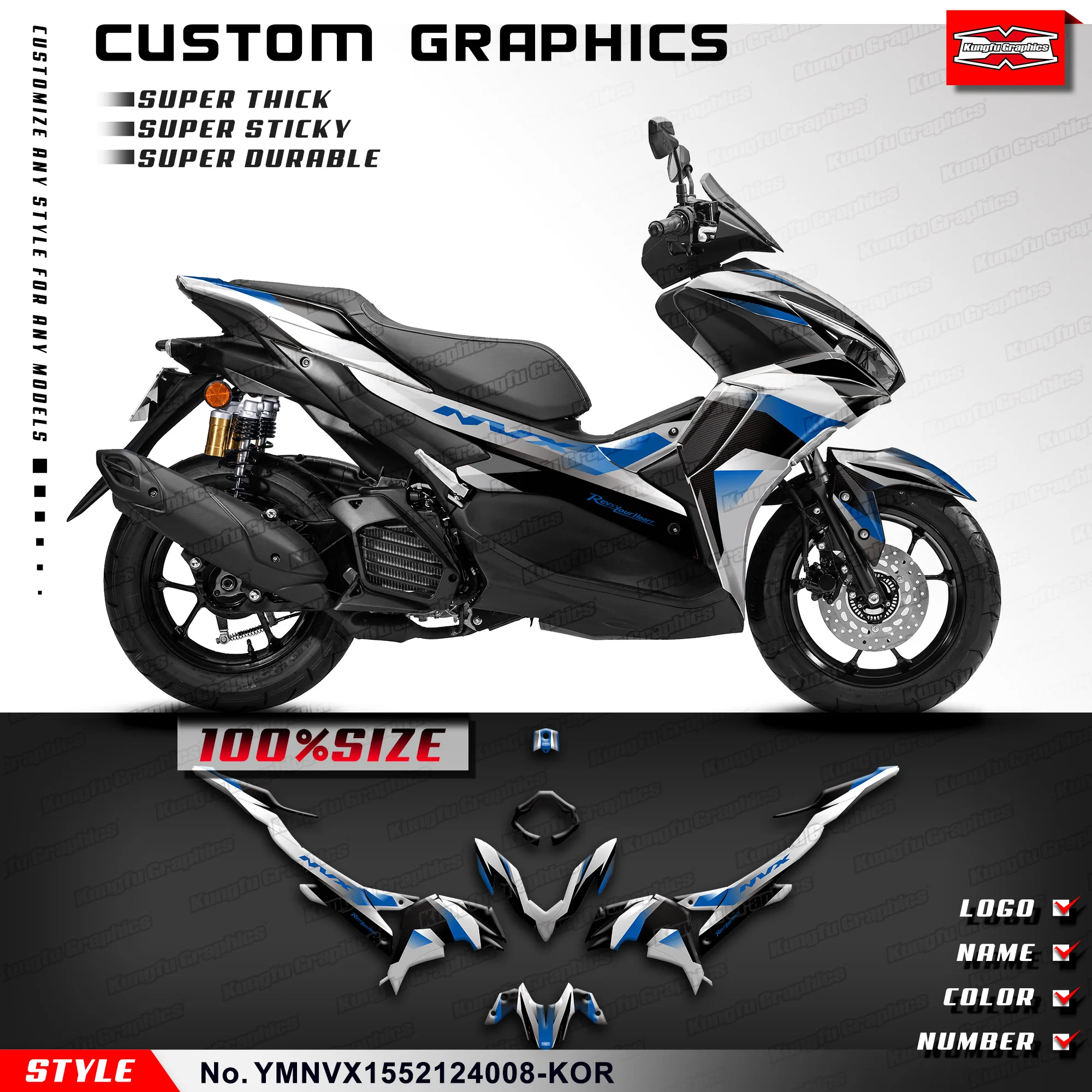 

KUNGFU GRAPHICS Waterproof Stickers Vehicle Wraps for Yamaha NVX AEROX 155 2021 2022 2023 2024, Blue White