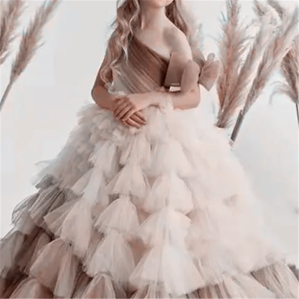 Flower Girl Dresses Floral Appliqu&eacute; Dress Girls Dresses Flower Girls Dresses Tulle Performance Ball Wedding Appliques Single Shoulder Holy Kids Birthday GIFT First Communion Gowns