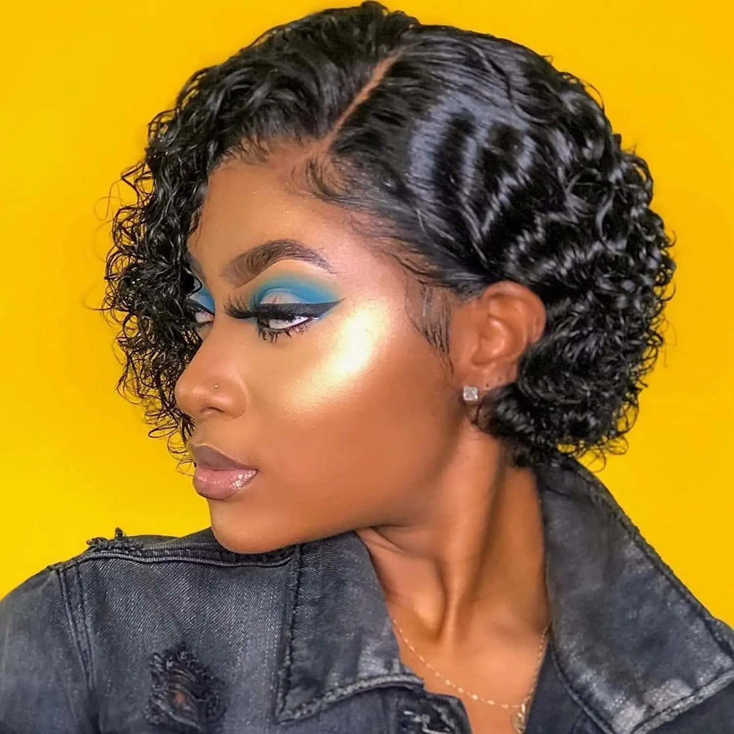 Lace front wig pixie cut in 1B back color - front view on model