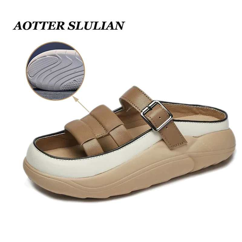 

Summer Slippers For Women Female Girls Luxury Slides Low Flat Shoes Designer Beach PU Fabric Rome Scandals Hoof Heels Footwear