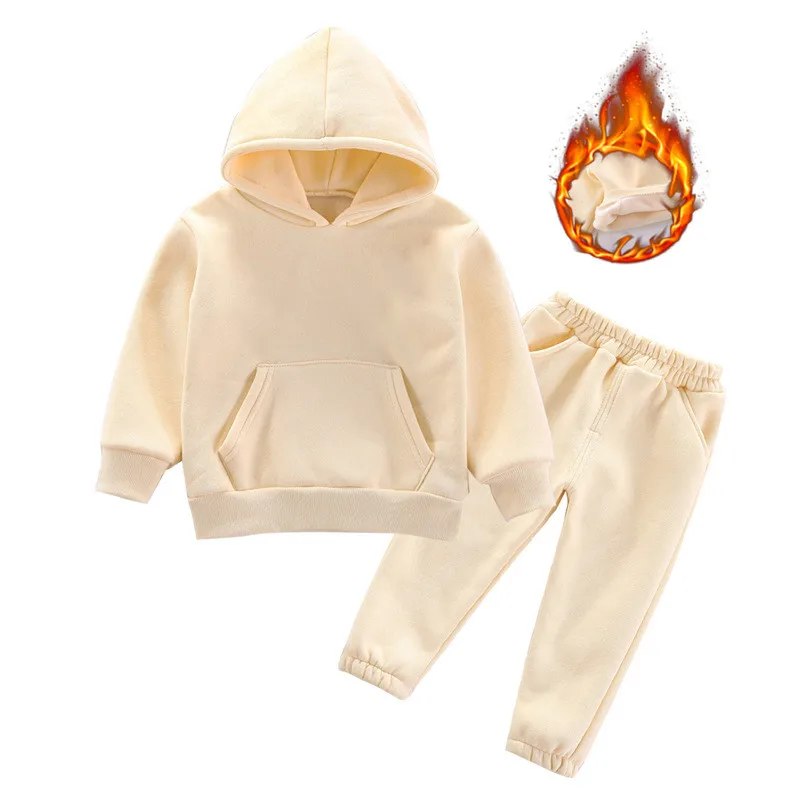 

2 Piece Suit Winter Children Clothing Suit Sport Solid Color Infant Kid Warm Sports Suit Long-Sleeved Hooded Pants Casual Kids