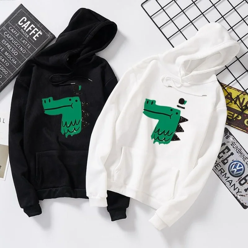 Kawaii Green Crocodile Print Hoodies Sweatshirts 2024 Women Simple Loose Casual Cute Pullover Couple Clothes Harajuku Streetwear