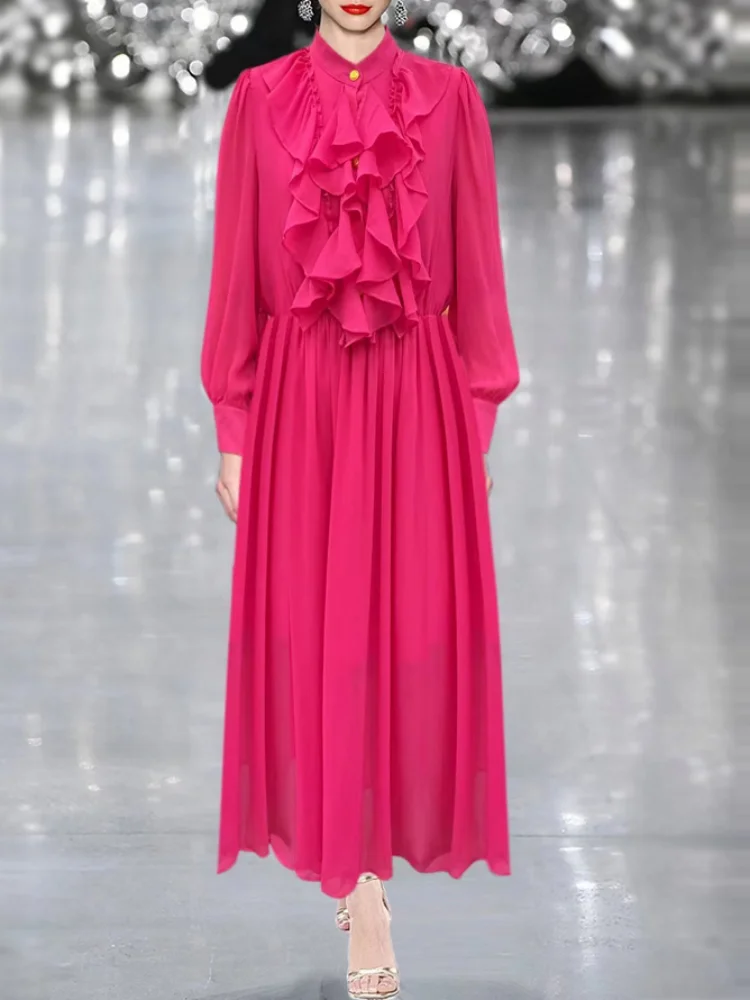 

Sweetsinc Rose Dress Women Elegant Long Sleeve Ruffle Elastic Waist Large Swing Chiffon Dress Korean Fashion 2023Luxury Designer