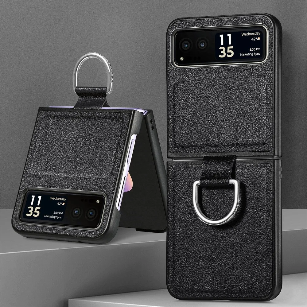 Lychee Pattern PU Leather Folding Phone Case with Ring Holder