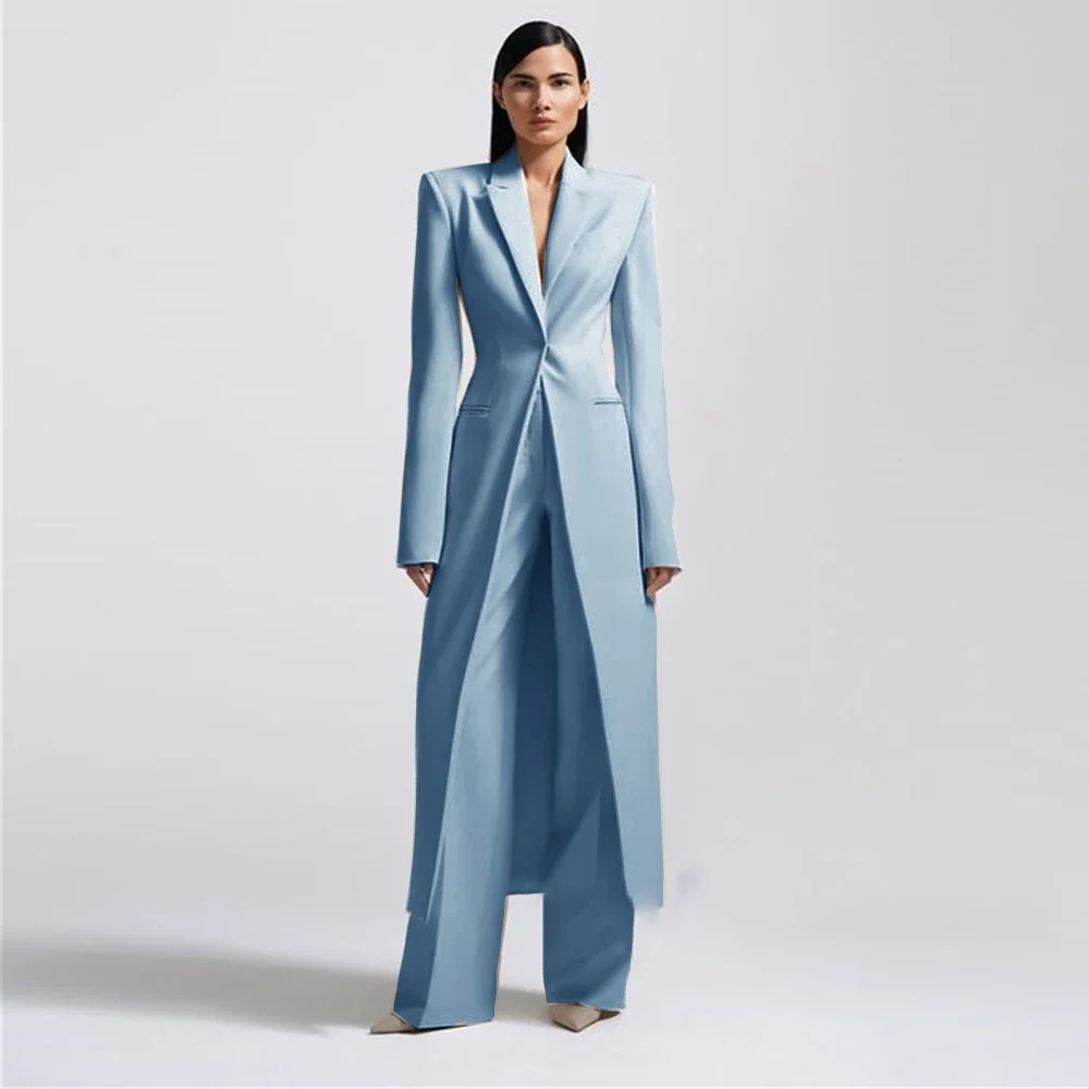 High-end Women Pants Sets Office Lady Formal Slim Fit 2 Piece Fashion Peak Lapel One Button Long Coat Solid Color Custom Suits 5