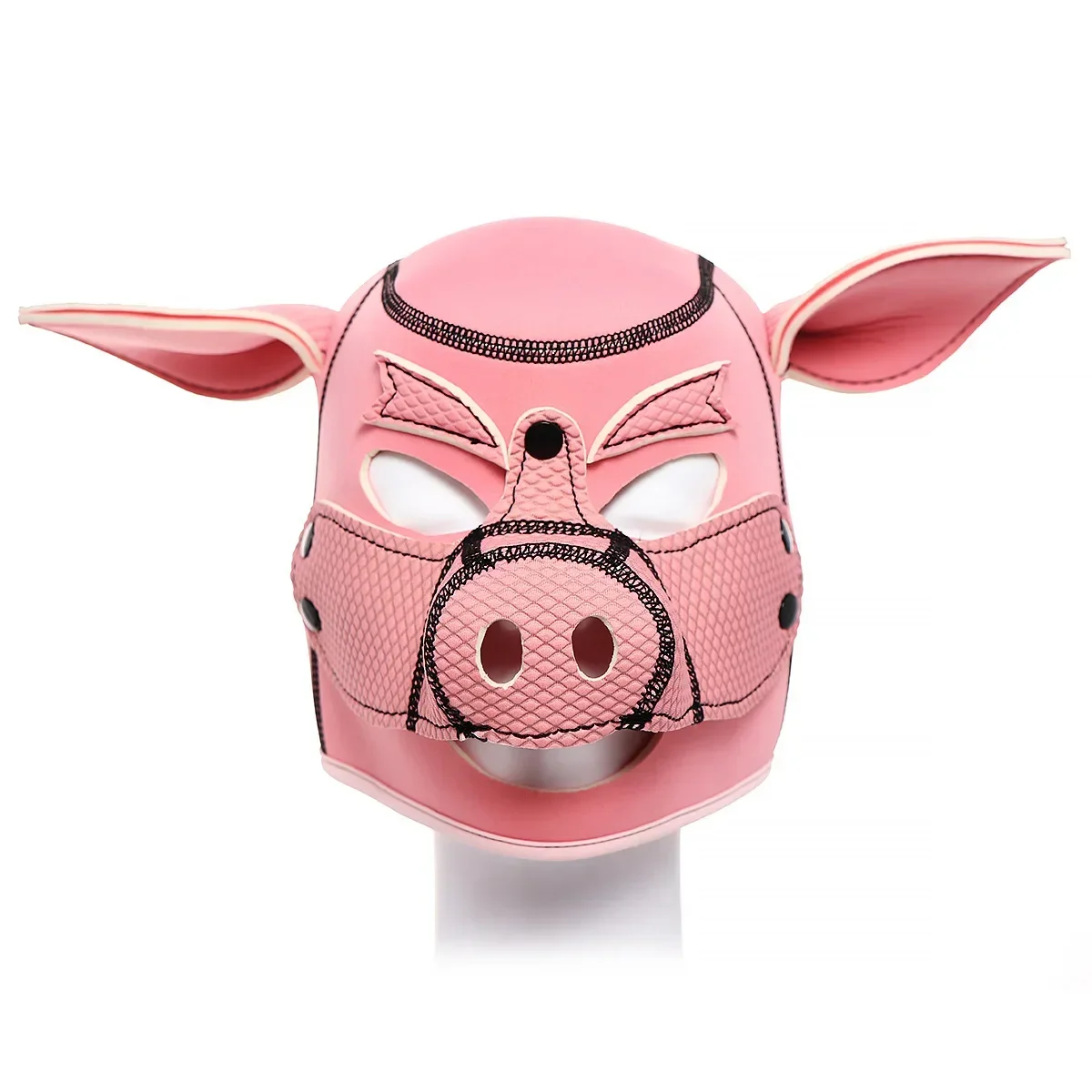 

3D Mould Neoprene Fetish Full Face Black Red Pig Hood Mask Unisex Standard Hats Sexy Cap No Rear Zippper One Piece Style