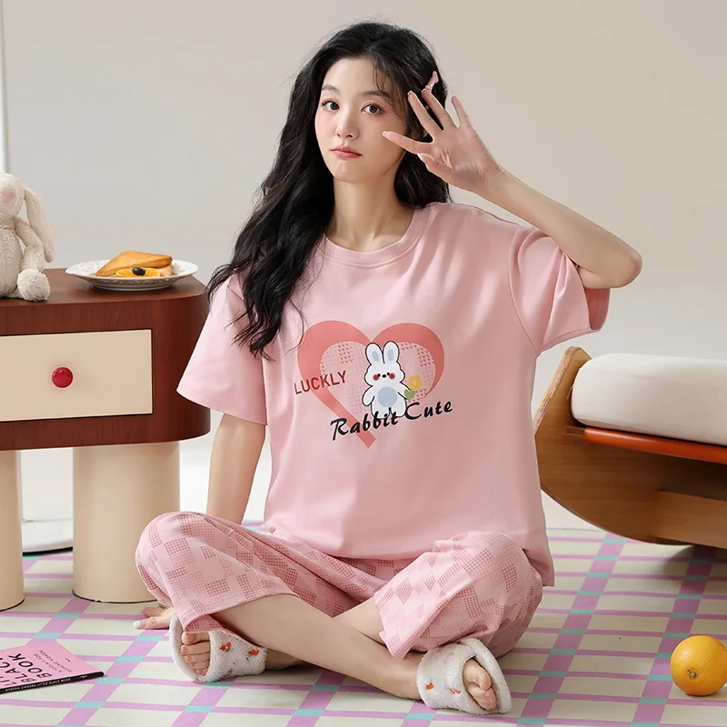 Summer Women's 100% Pure Cotton Pajamas Set Thin Short Sleeve Capris Fashion Casual Home Clothing Set Sweet Cute Sleepwear