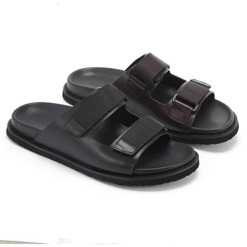 2025 New Design Top Layer Cow Leather Beach Slippers for Men Summer Flat Sandals Non-slip Embroidered Logo Wholesale Pour Homme 1