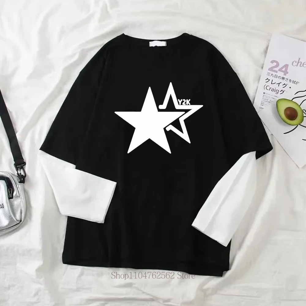 Women Star Y2K Print Graphic Fake Two Long Sleeved T-shirts Fashion Gothic Retro Casual Loose Fake Two Long Sleeved T Shirt 4