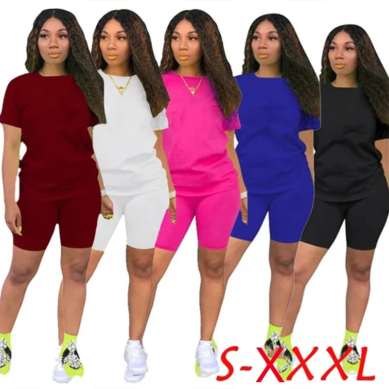 2024 Women's Solid Color Sports and Leisure Two piece Set Short sleeved T-shirt Top Split Shorts Set Sportswear Set