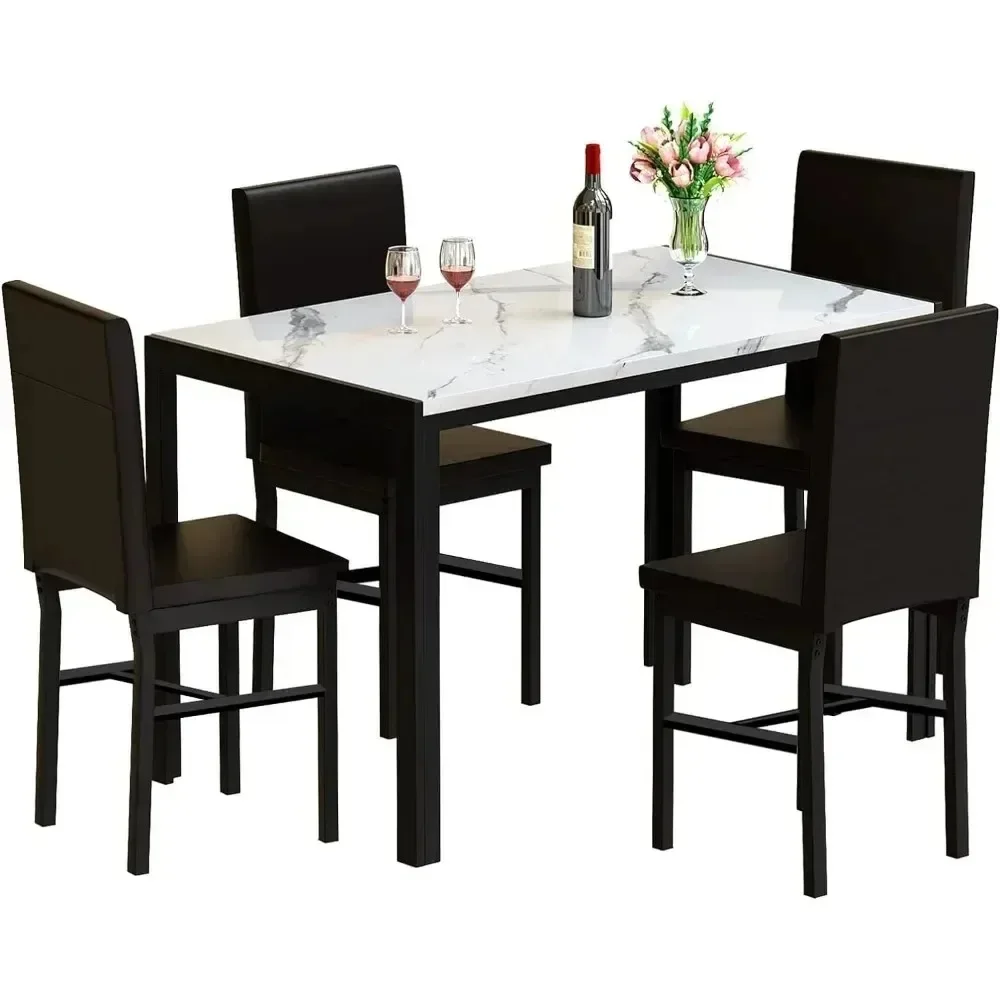 Dining Table Set 5 Pieces Marble Sets, Table 4 w/Faux Leather Metal Frame Chairs for Dining Room, Kitchen, Breakfast Corner