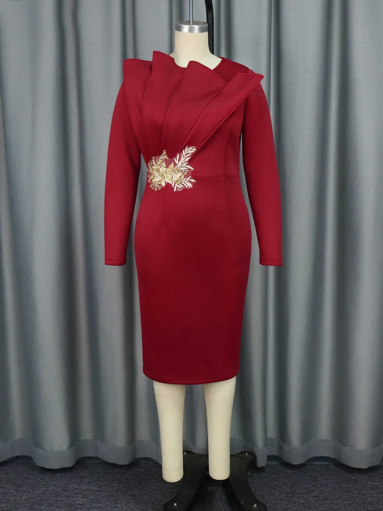 Women Vintage Wine Christmas Party Dress Long Sleeves With