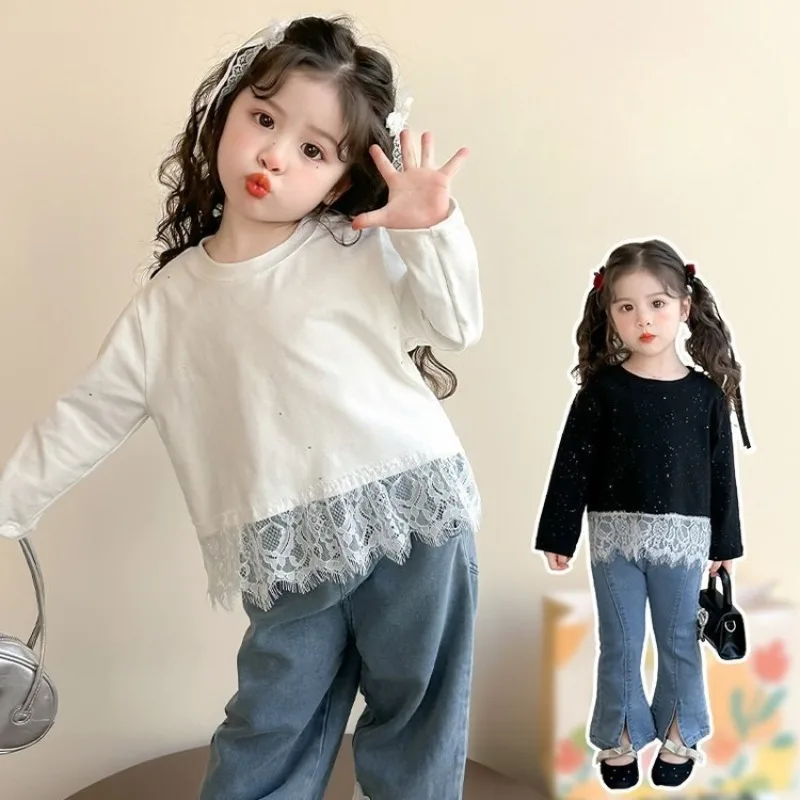 Neue Herbst Mädchen Bodenbildung Shirt 1-7T Spitze Patchwork Nette Punkte Langarm T-shirts kinder Basis Tops koreanischen Stil Kleidung
