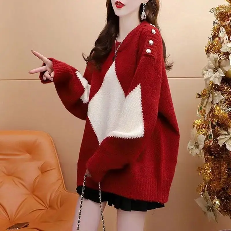 thumbnail image 1 of [EWQ] Suéter de manga larga a cuadros rojo con diseño de botones para mujer, jersey de punto holgado que combina con todo, otoño 2024, nuevo 16O2974, 1 of 5