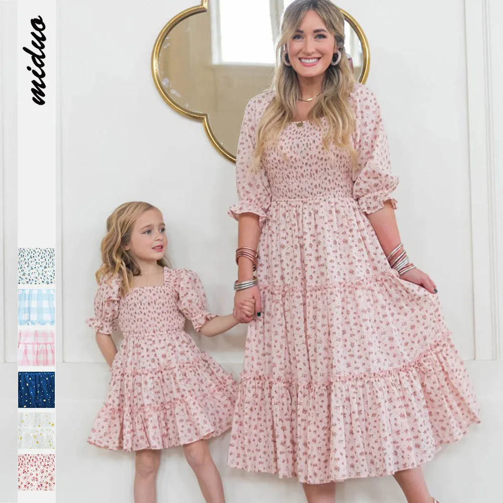 2024 Street Fashion Floral Square Neck Lantern Sleeve Mother-Daughter Parent-Child Dress Cute Princess Dresses