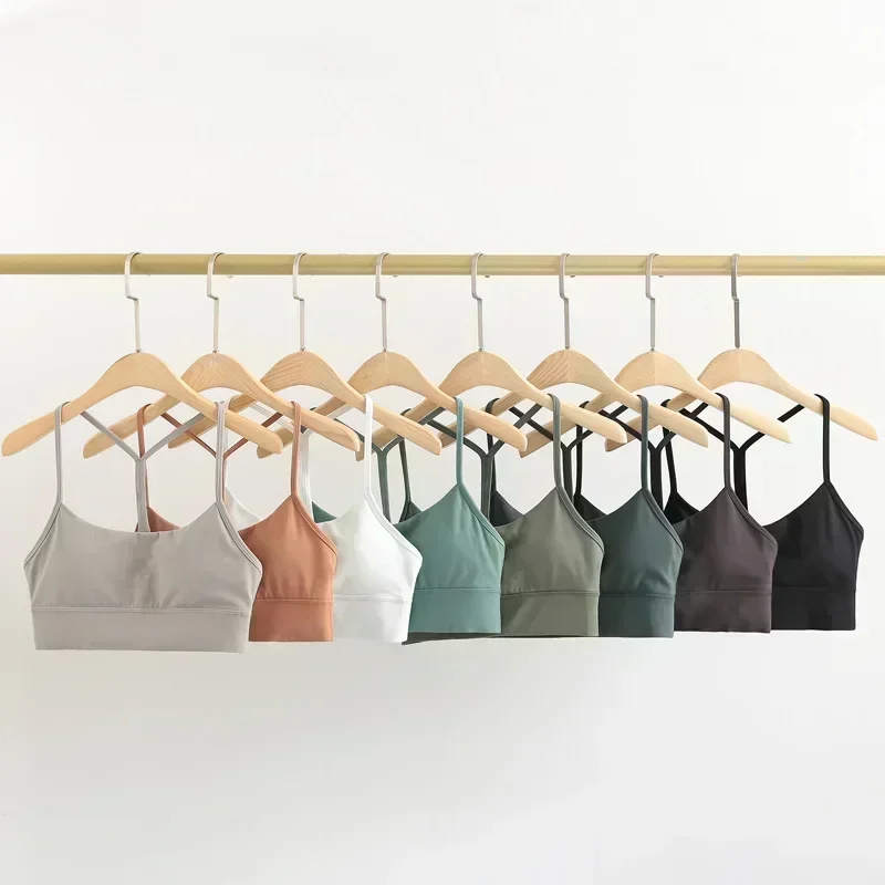 Lemon Women Cozy Widen Hem Padded Running Sports Bra Y-Shape Racer Back Spaghetti Straps Yoga Bra Tops with Removable Cups