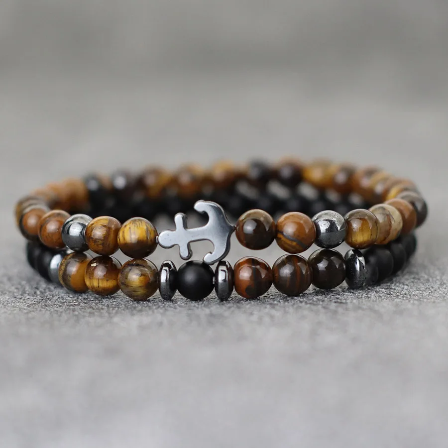 Natural Howlite Tiger Eyes Stone Anchor Bracelet For Men