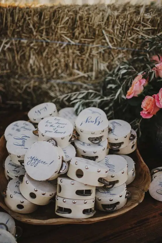 Description Picture 6 of item3-12PCS Tambourine Wedding Drum DIY Bridal Favors Rustic Noise Makers Bell Birch Metal Jingles Percussion Guest Gift 4/6 Inch