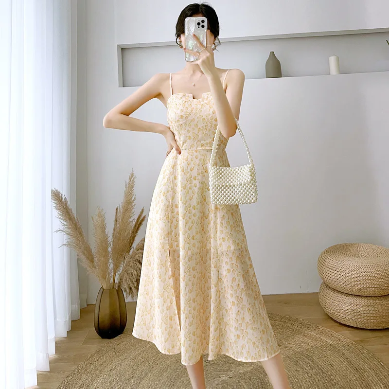 French temperament slimming chiffon suspender dress female summer sweet temperament slimming slit long skirt