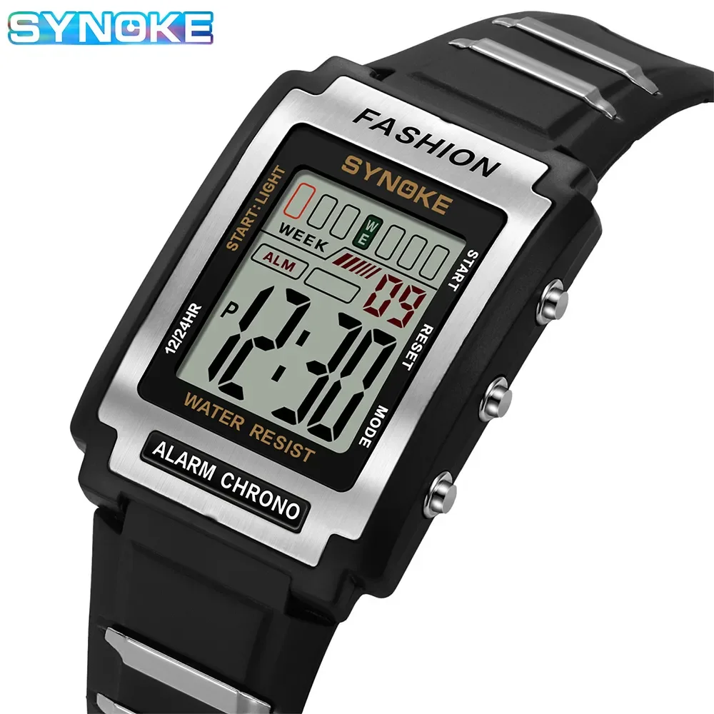 SYNOKE Men Rectangular Sports Electronic Watch Waterproof 50M Night