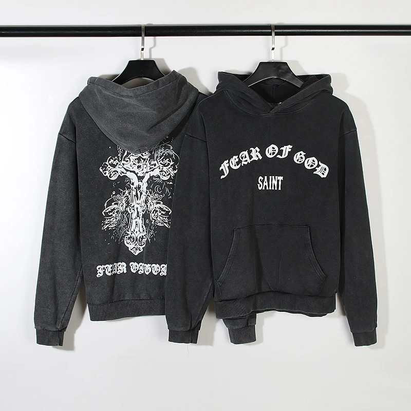 

Saint Vintage Wash Old Letter Print Hoodie High Street Oversize Grey Hoodie