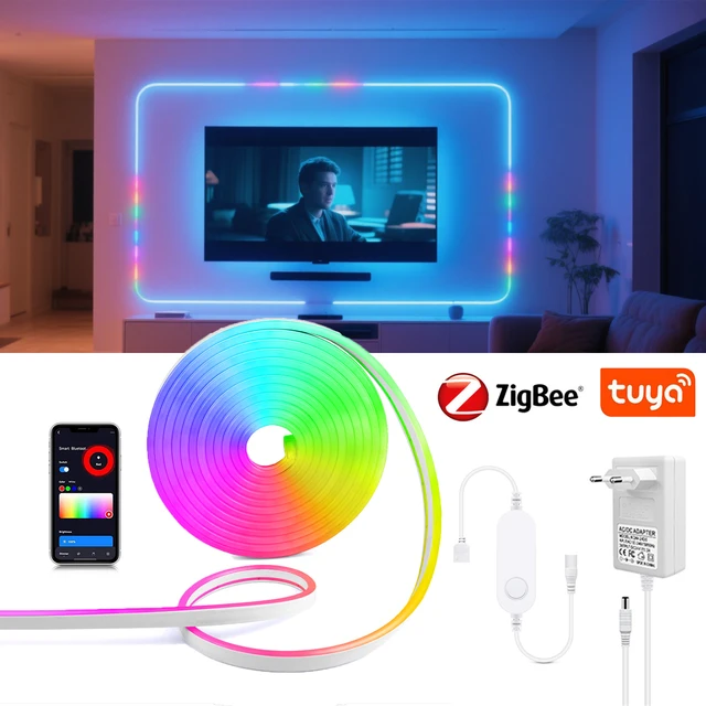 Smart Zigbee 3.0 RGB Neon LED Strip Light 12V Dimmable Room Wall Backlight Decor Works with Tuya Alexa Google APP Voice Control