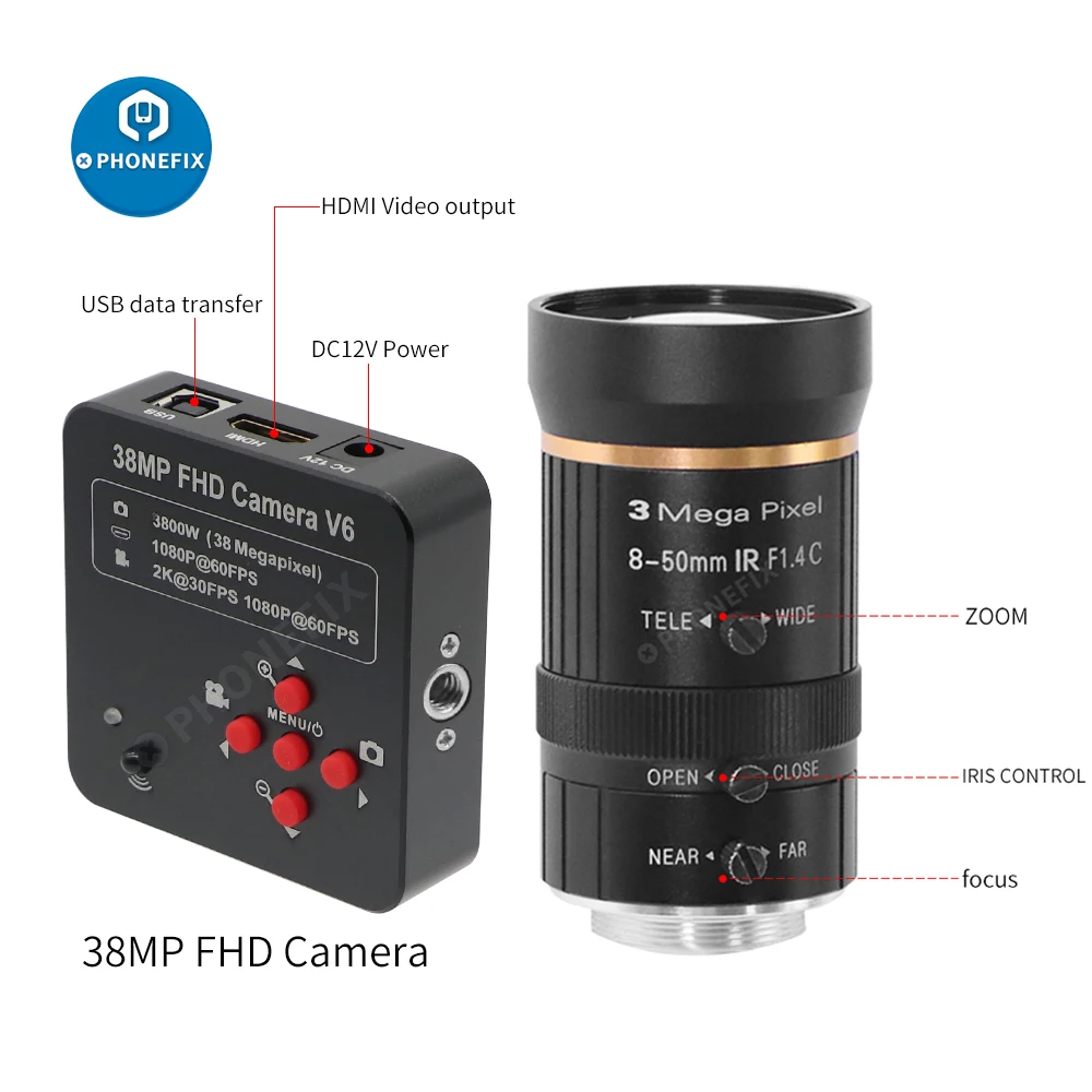 38MP 60FPS Industrial Cameras Live Video Camera 1/2.5″ C Mount F1.4 8-50mm Varifocal Lens for Video Streaming Recording Webcam