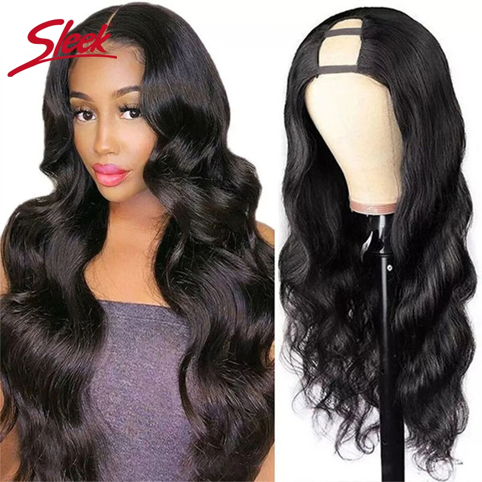 Sleek Body Wave U Part Wig Brazilian Human Hair Machine Made Natural Color For Black Women Human Hair Glueless Wig