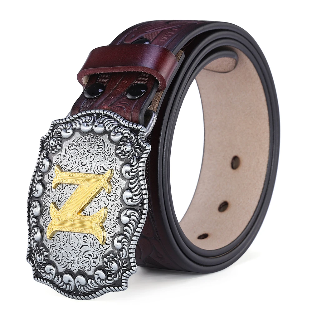 Western Belt Men Genuine Leather Belts for Men Women Cowboy Cowgirl Big Letters Buckle Gold Male Belts Long Black Brown Quality