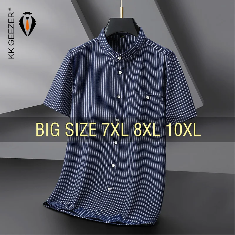 Men-Shirt-Striped-Dress-Cotton-2023-Short-Sleeve-Summer-Oversize-6XL ...